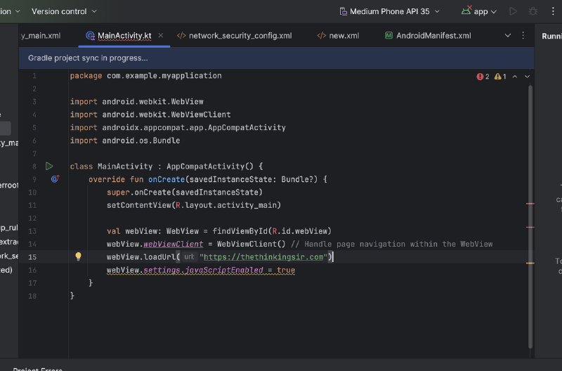 A screenshot of Android Studio depicting code that adds a WebView
