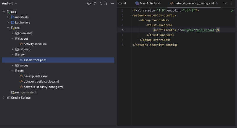 A screenshot of Android Studio showing the path to the Zscaler certificate and the network security XML