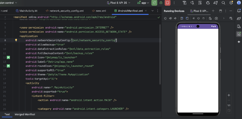 A screenshot of Android Studio showing the addition to the manifest