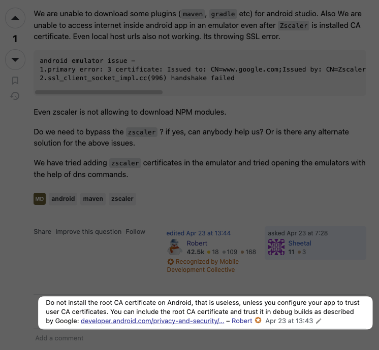 A screenshot of a Stack Overflow post with a response by a user named robert giving the answer.